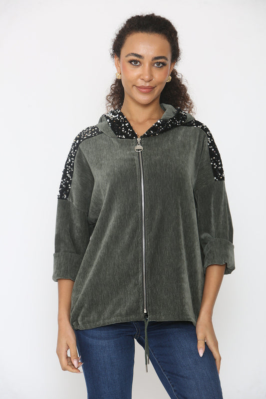 VELVET SEQUIN SLEEVE & HOODED TOP KHAKI