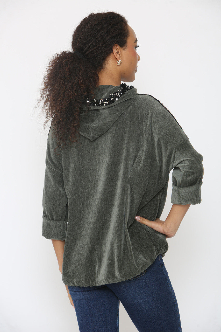 VELVET SEQUIN SLEEVE & HOODED TOP KHAKI