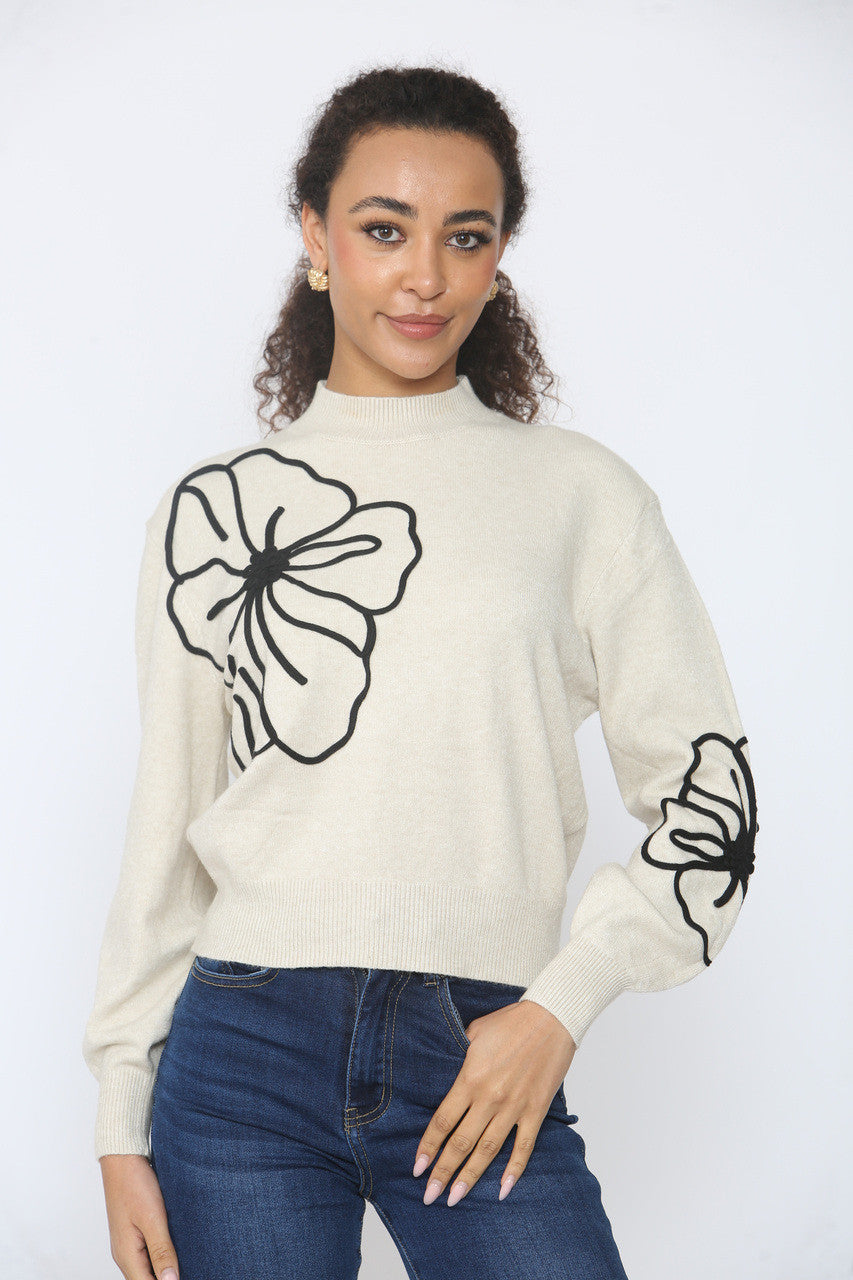 FLOWER EMBROIDERY KNITTED JUMPER BEIGE