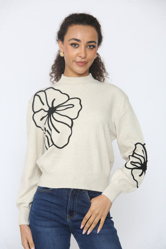 GEBREIDE TRUI MET BLOEMENBORDUURSEL BEIGE