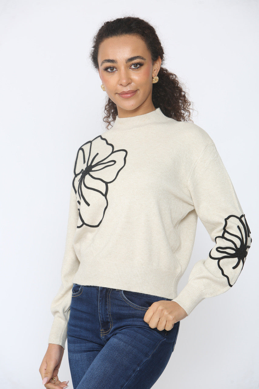 FLOWER EMBROIDERY KNITTED JUMPER BEIGE