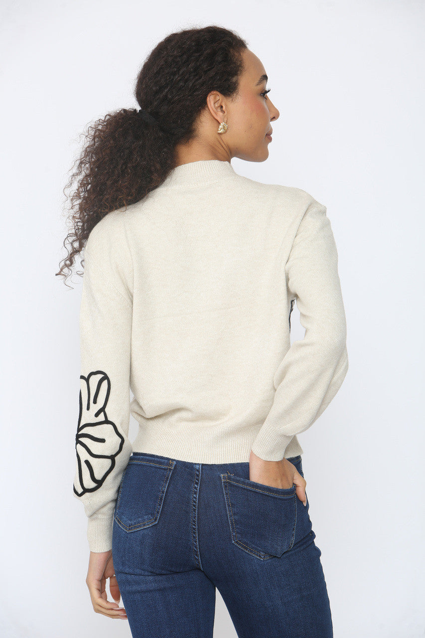 FLOWER EMBROIDERY KNITTED JUMPER BEIGE