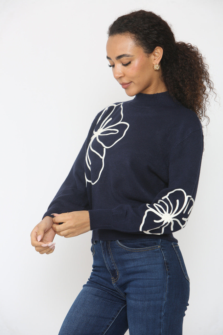 FLOWER EMBROIDERY KNITTED JUMPER NAVY