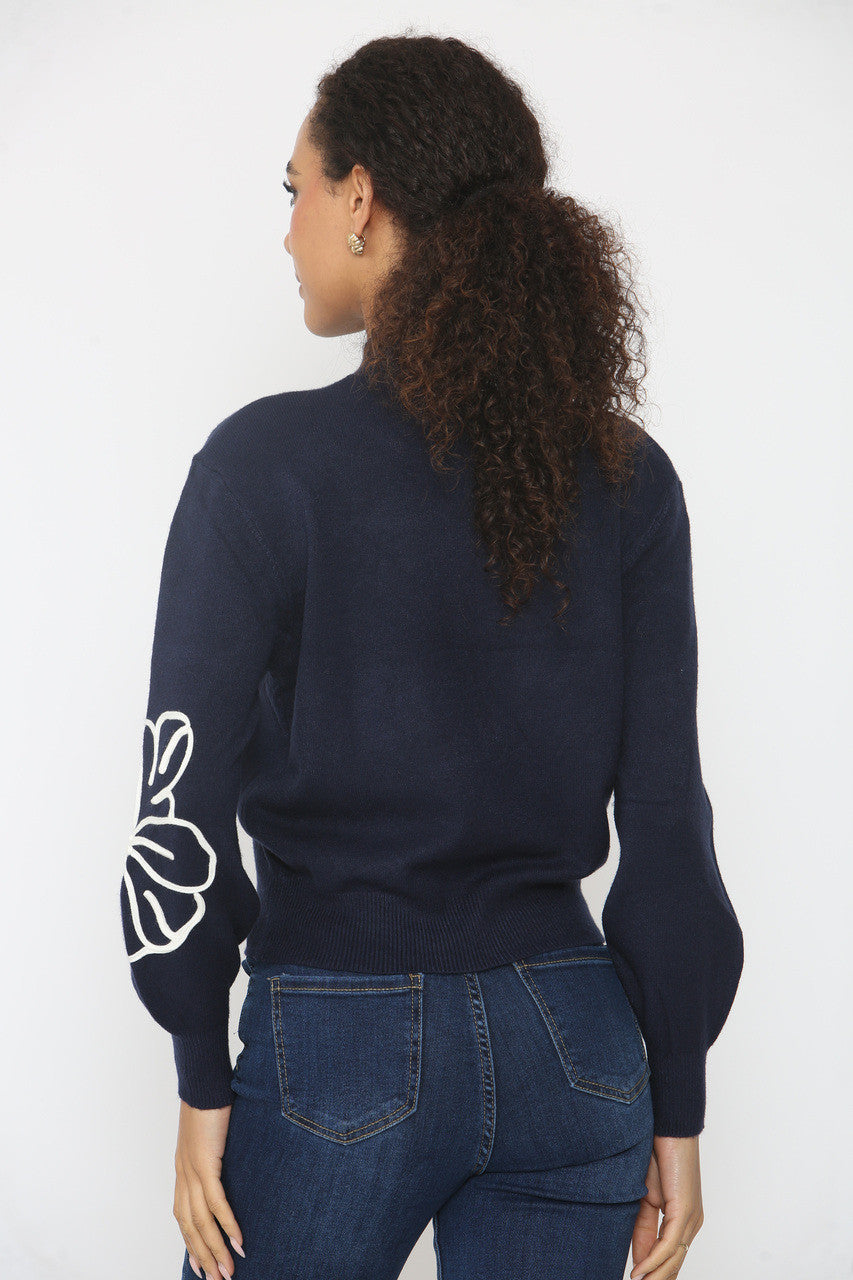 FLOWER EMBROIDERY KNITTED JUMPER NAVY