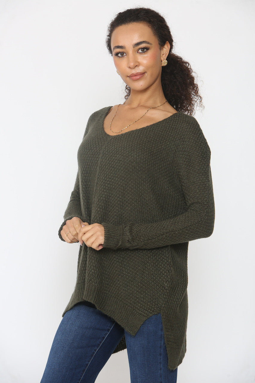 SOFT KNIT DROP SPLIT HEM JUMPER KHAKI