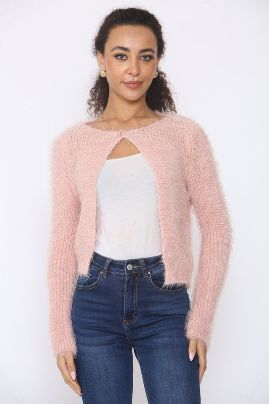 FLUFFY CARDIGAN WITH BUTTON FRONT DUSTY PINK
