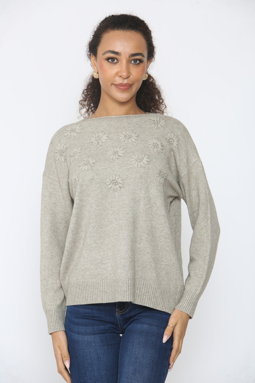 FLORAL EMBOSSED KNITTED JUMPER TAUPE