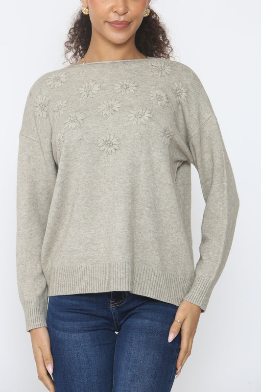 FLORAL EMBOSSED KNITTED JUMPER TAUPE