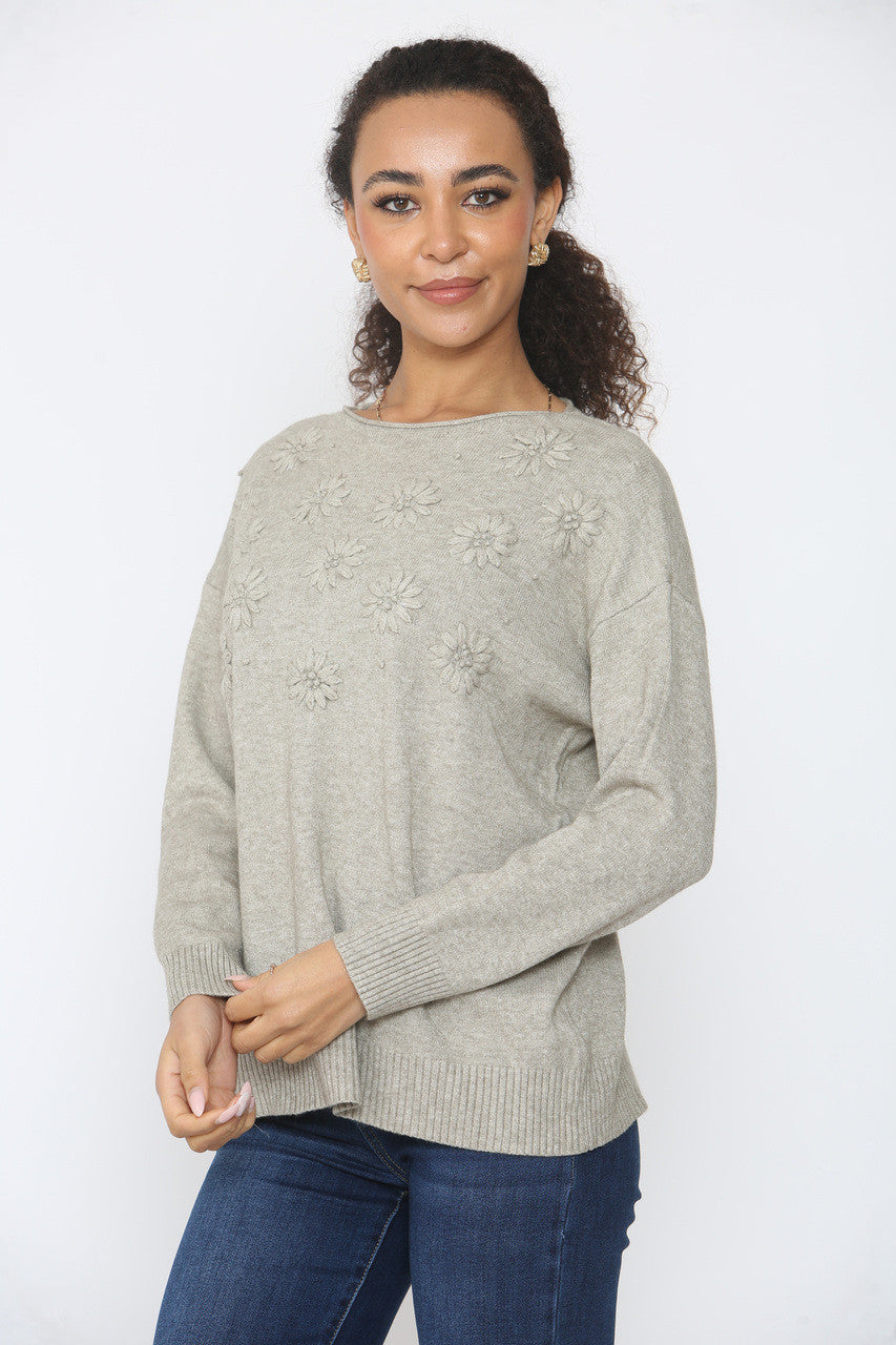 FLORAL EMBOSSED KNITTED JUMPER TAUPE