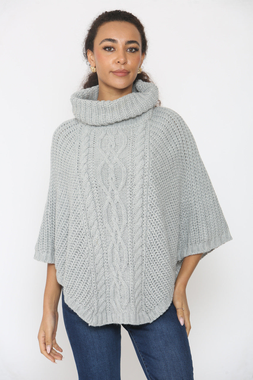 KABELGEBREIDE COLTRUI PONCHO ZILVER