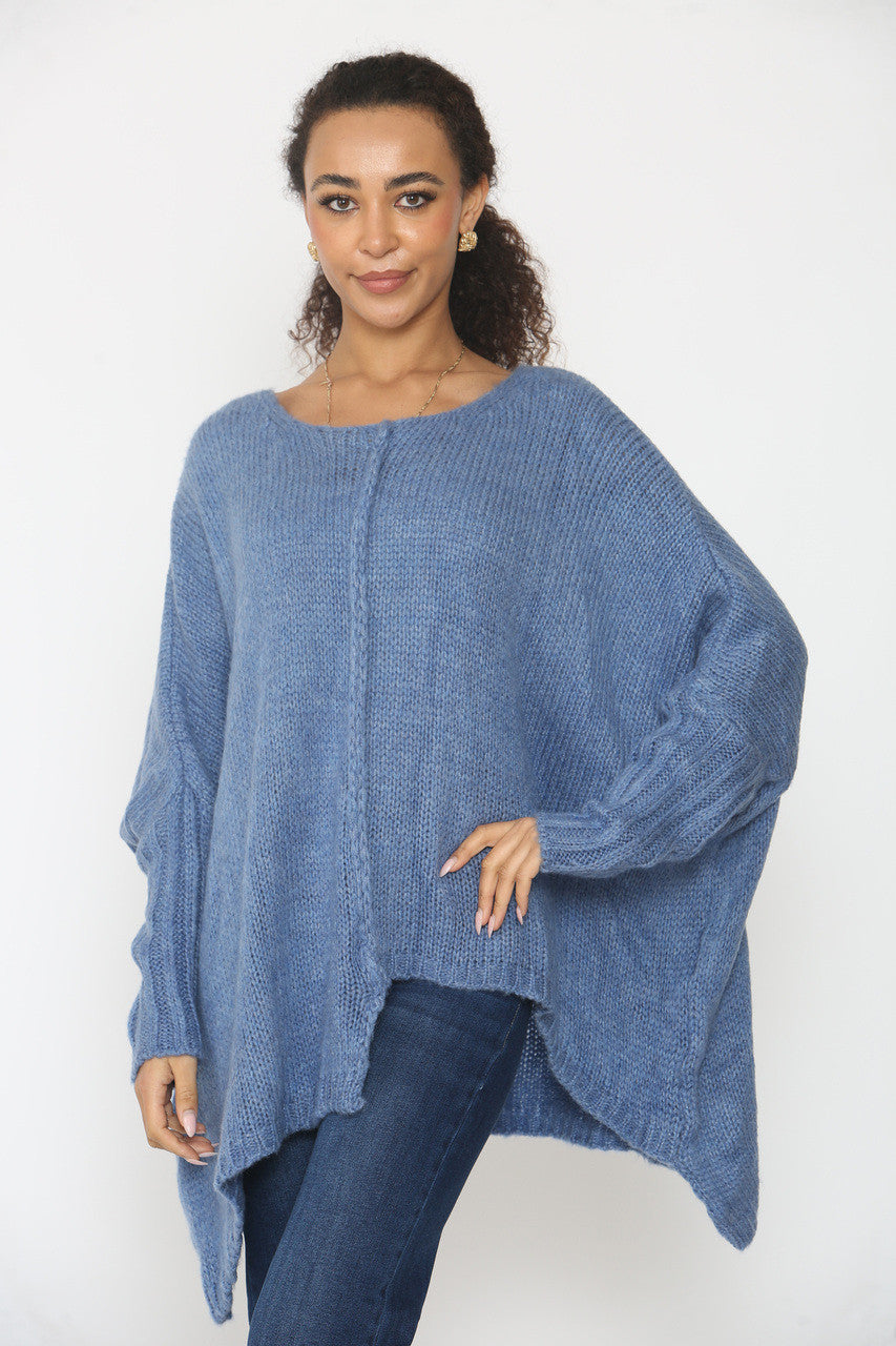 GEBREIDE BATWING TRUI IN OVERSIZED DENIM STIJL