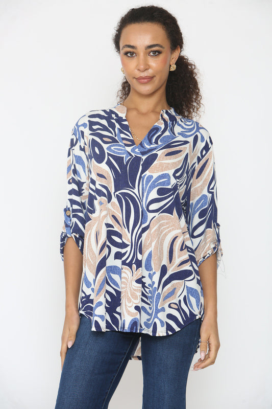 ABSTRACTE BLADPOTIE SLINKY BLOUSE MET V-HALS - NAVY