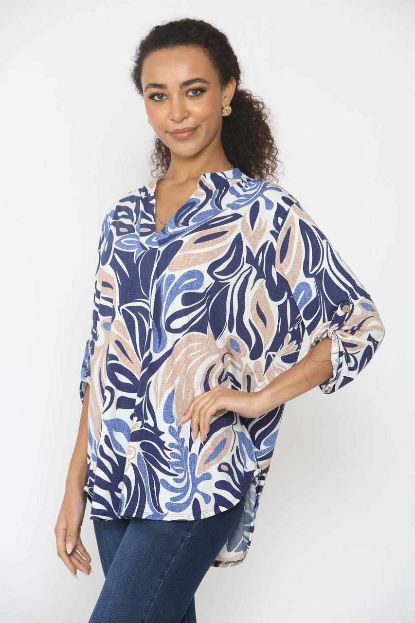 ABSTRACTE BLADPOTIE SLINKY BLOUSE MET V-HALS - NAVY