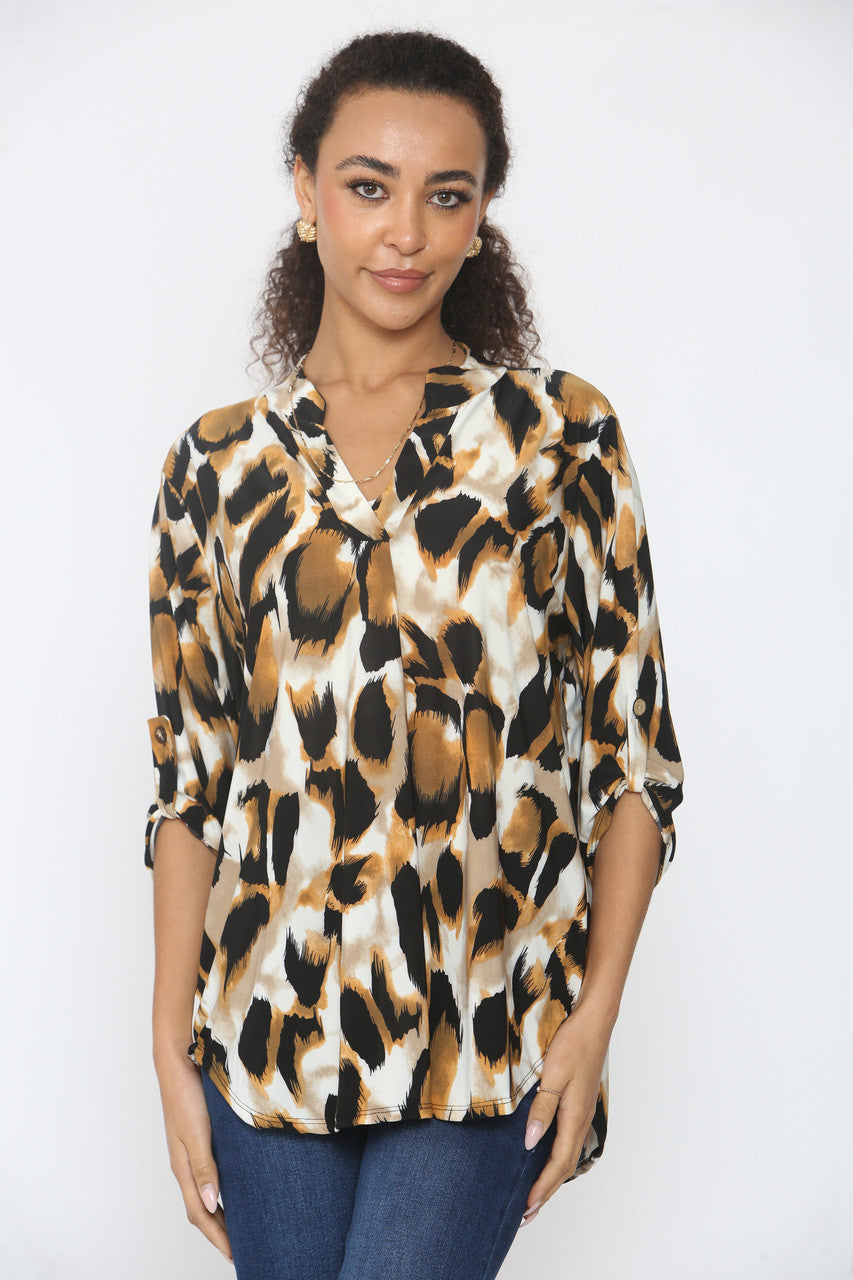 LUIPAARDPRINT SLINKY V-HALS BLOUSE - MOSTERD