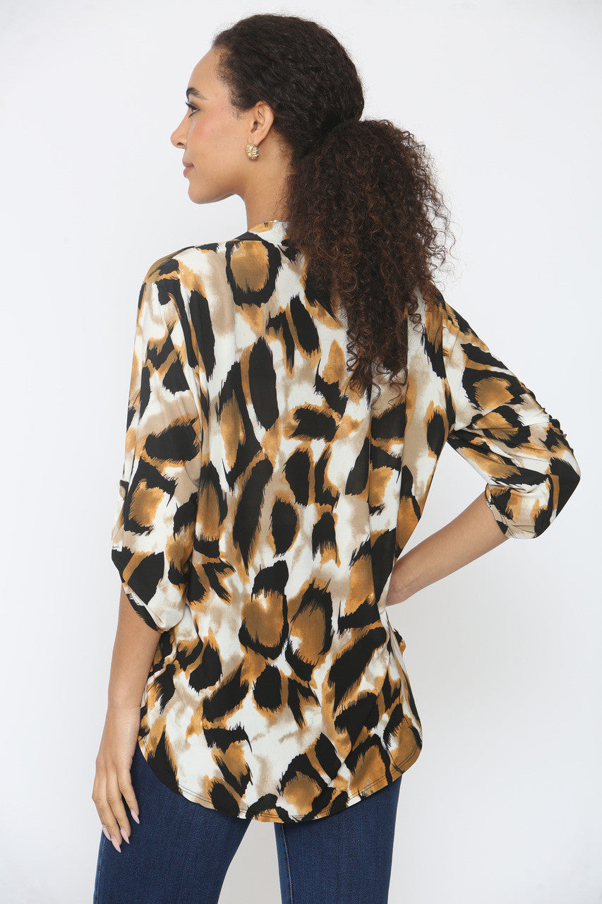LUIPAARDPRINT SLINKY V-HALS BLOUSE - MOSTERD