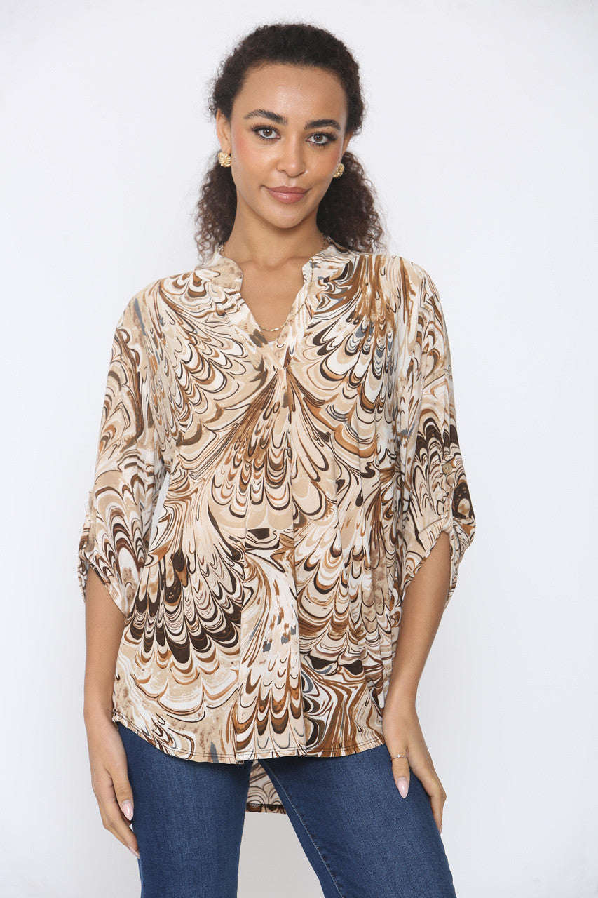 ABSTRACT PRINT SLINKY V-HALS BLOUSE - BEIGE