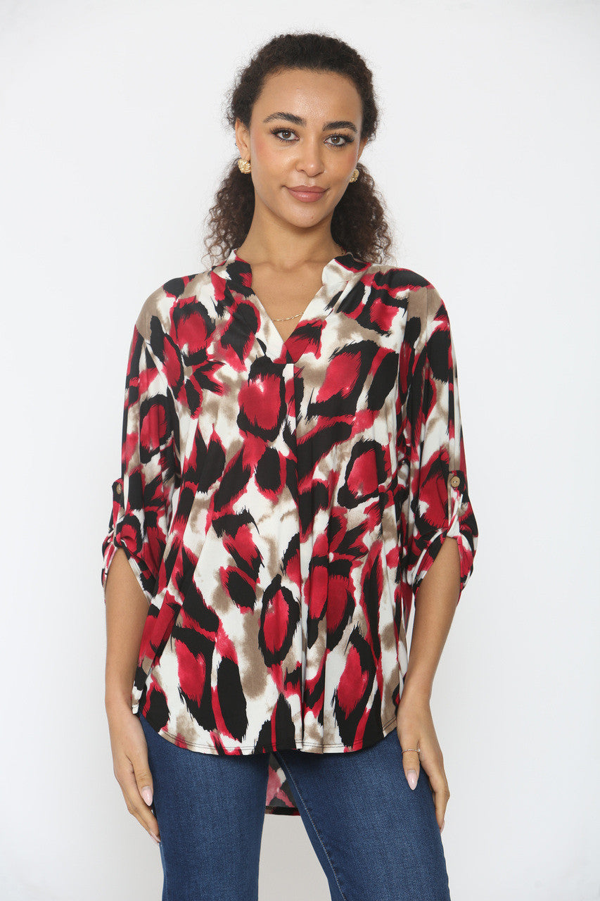 LUIPAARDPRINT SLINKY V-HALS BLOUSE - ROOD