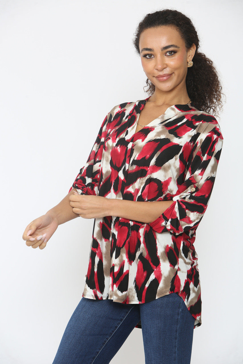 LUIPAARDPRINT SLINKY V-HALS BLOUSE - ROOD