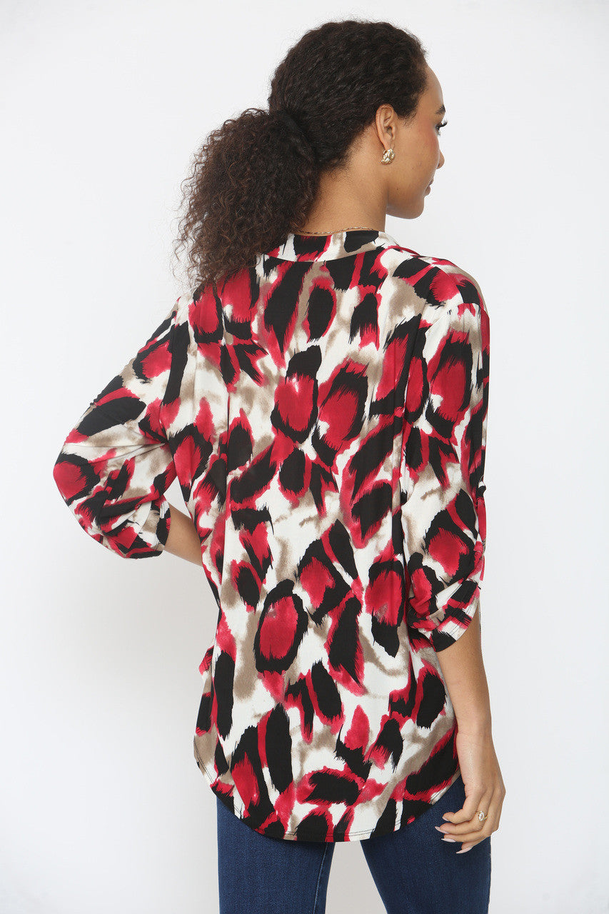 LUIPAARDPRINT SLINKY V-HALS BLOUSE - ROOD