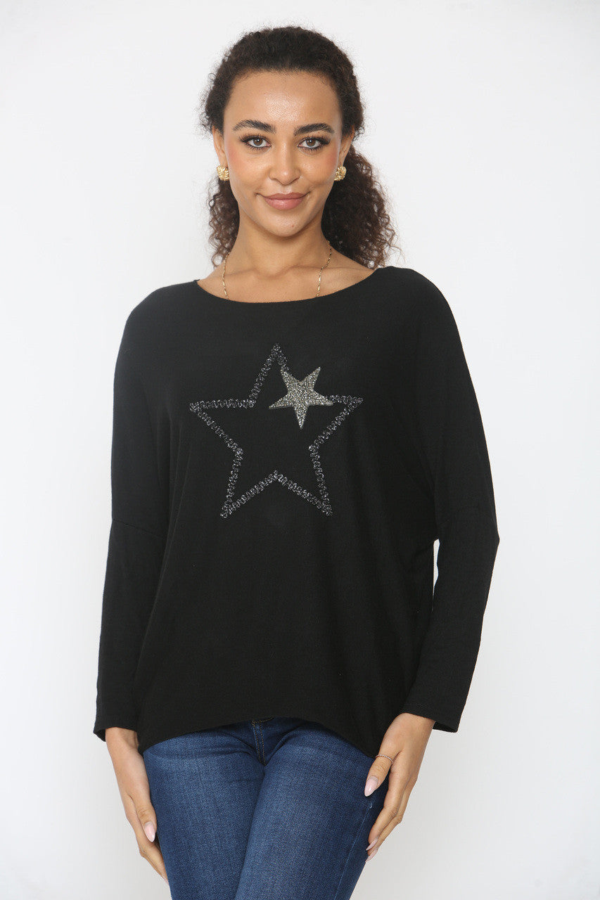 DOUBLE SEQUIN STAR SPARKLE FINE KNIT JUMPER TOP BLACK
