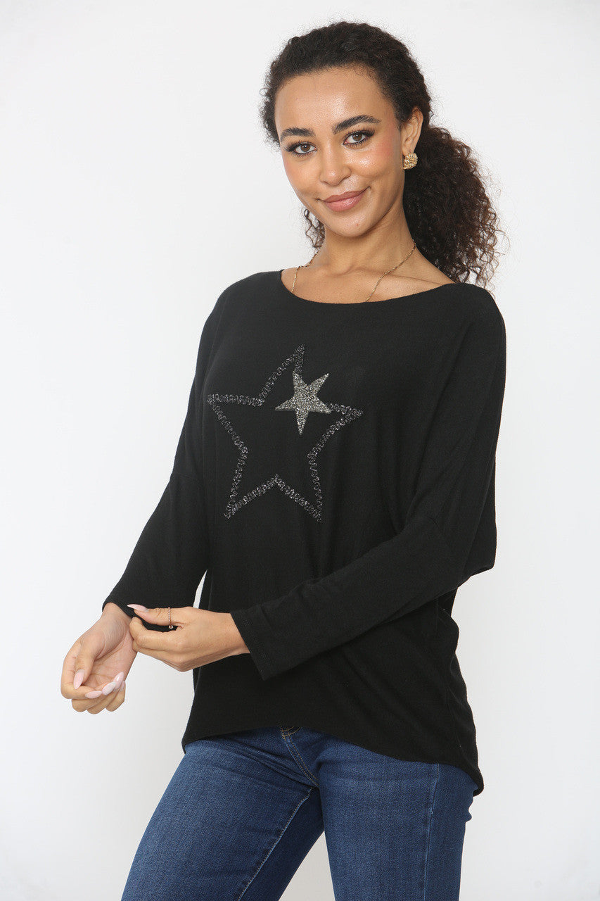DOUBLE SEQUIN STAR SPARKLE FINE KNIT JUMPER TOP BLACK
