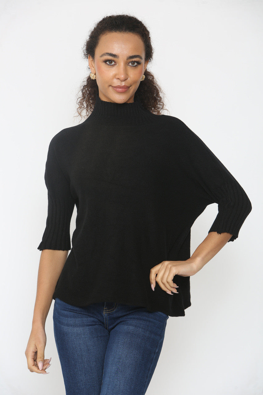 RIBBED SLEEVE & NECK DETAIL KNITTED JUMPER BLACK