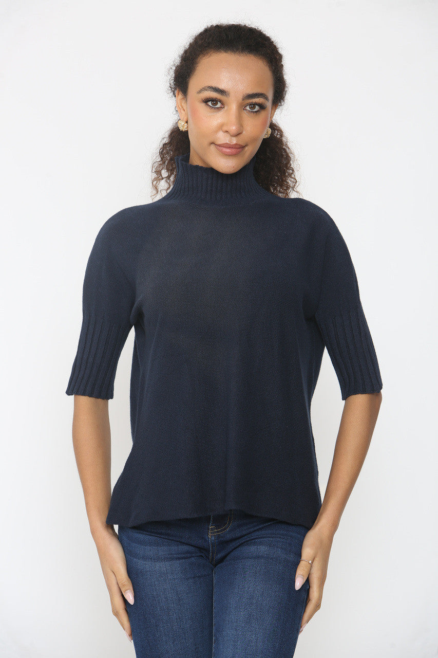 RIBBED SLEEVE & NECK DETAIL KNITTED JUMPER NAVY