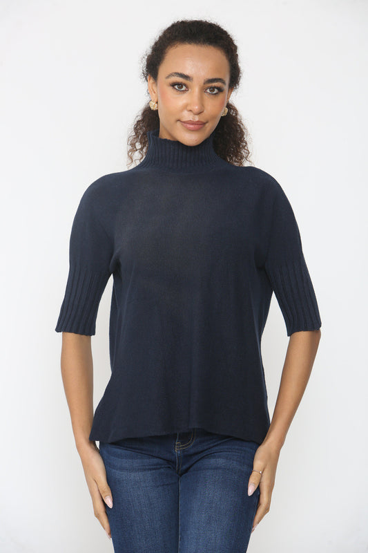 RIBBED SLEEVE & NECK DETAIL KNITTED JUMPER NAVY