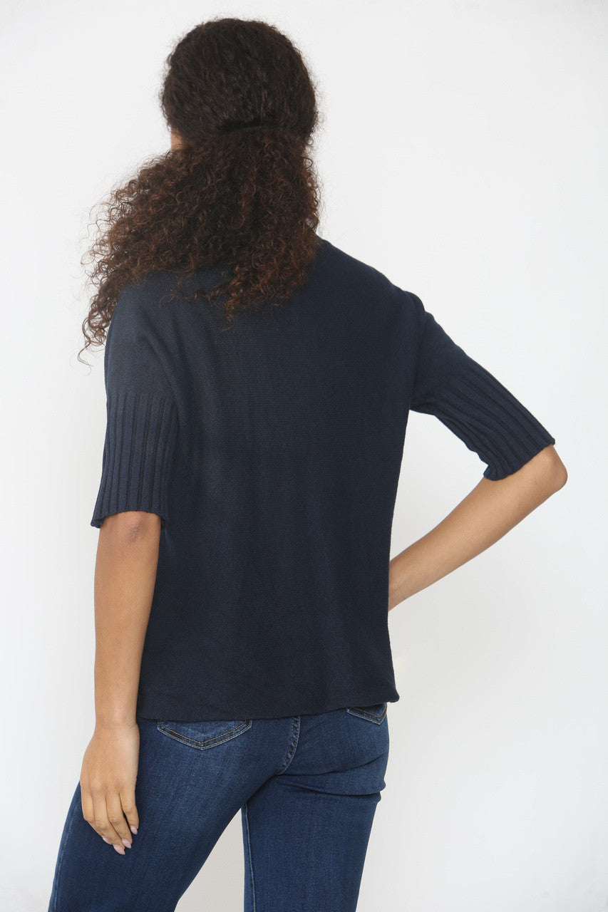RIBBED SLEEVE & NECK DETAIL KNITTED JUMPER NAVY
