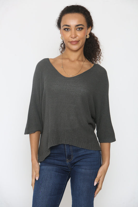 V-NECK PLAIN KNITTED JUMPER TOP - CHARCOAL