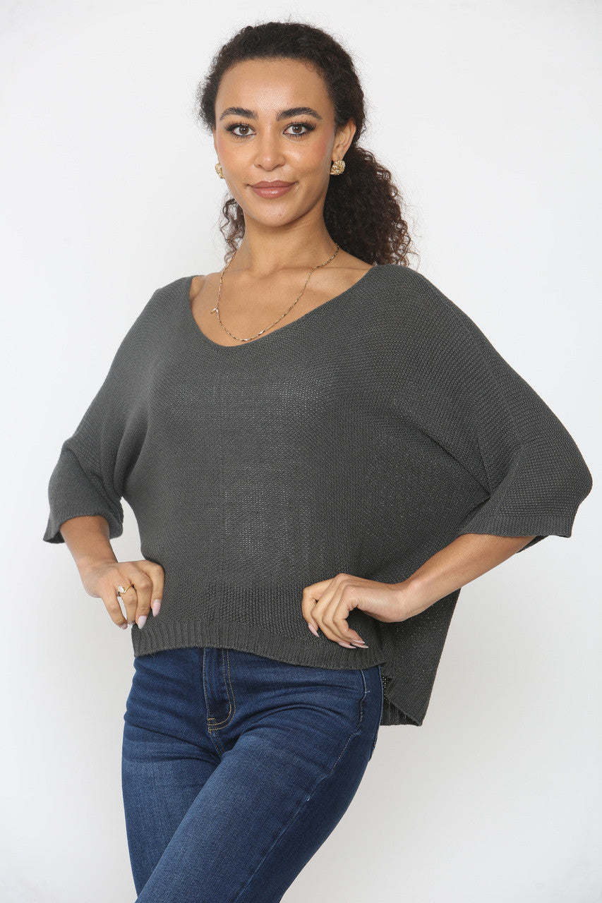 V-NECK PLAIN KNITTED JUMPER TOP - CHARCOAL