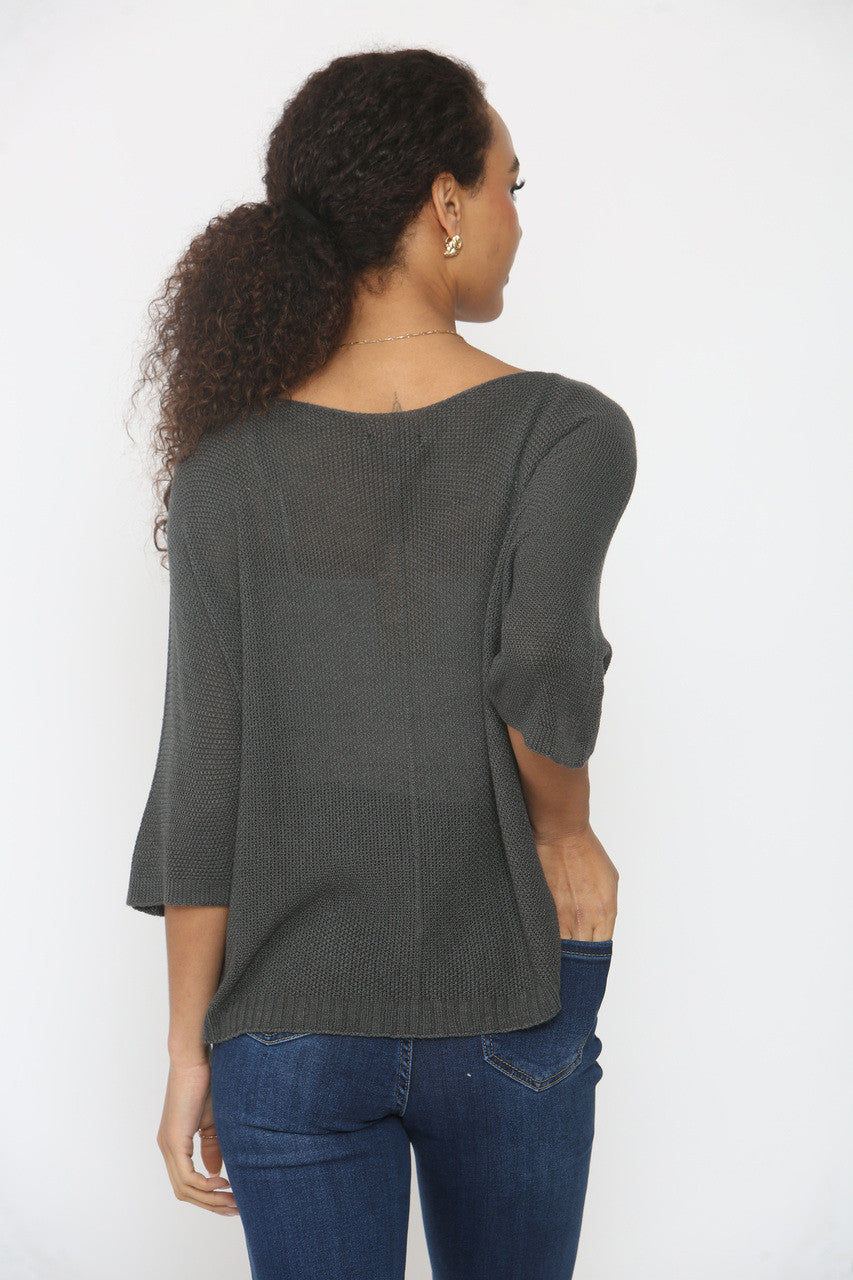 V-NECK PLAIN KNITTED JUMPER TOP - CHARCOAL