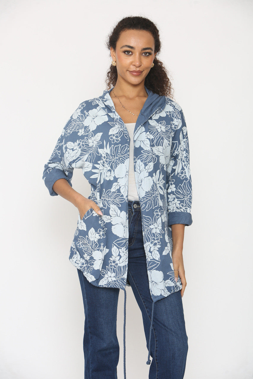 JAS MET BLADERENPRINT EN CAPUCHON - DENIM