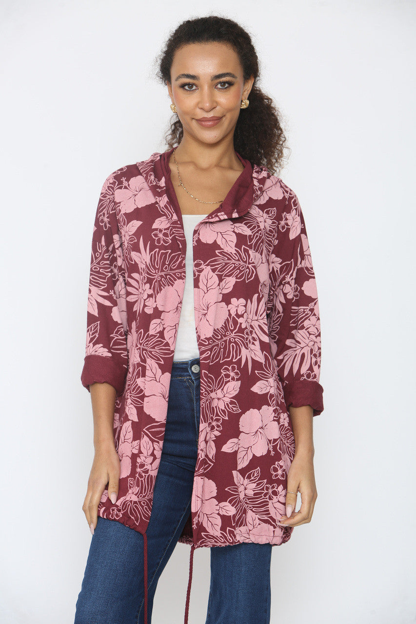 HOODED JACKET MET BLOEMENPRINT - BORDEAUX