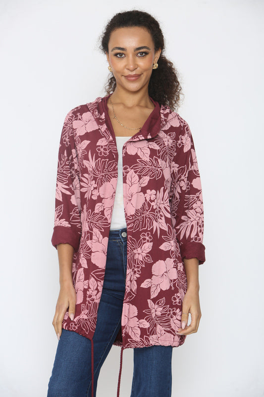 HOODED JACKET MET BLOEMENPRINT - BORDEAUX