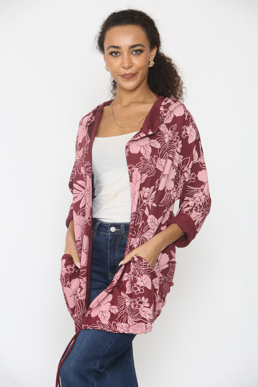 HOODED JACKET MET BLOEMENPRINT - BORDEAUX