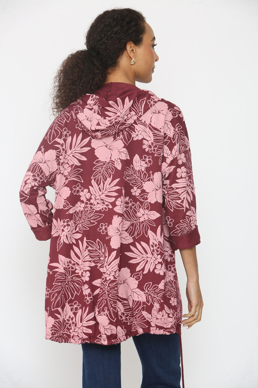 HOODED JACKET MET BLOEMENPRINT - BORDEAUX