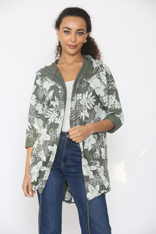 GEBLOEMD JASJE MET CAPUCHON - KHAKI