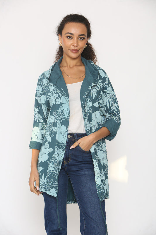 GEBLOEMDE JAS MET CAPUCHON - TEAL