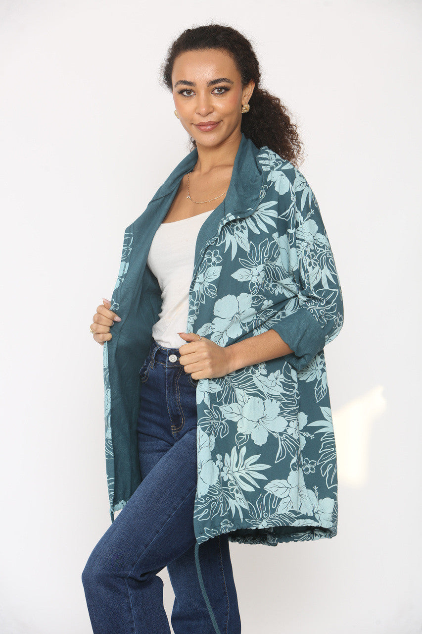 GEBLOEMDE JAS MET CAPUCHON - TEAL