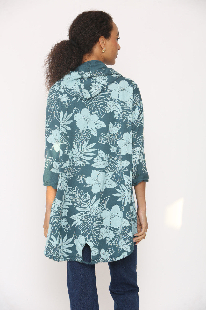 GEBLOEMDE JAS MET CAPUCHON - TEAL