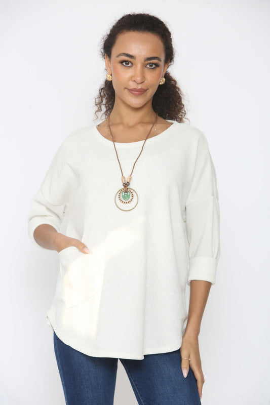 CORDUROY JUMPER TOP WITH POCKET & NECKLACE WHITE