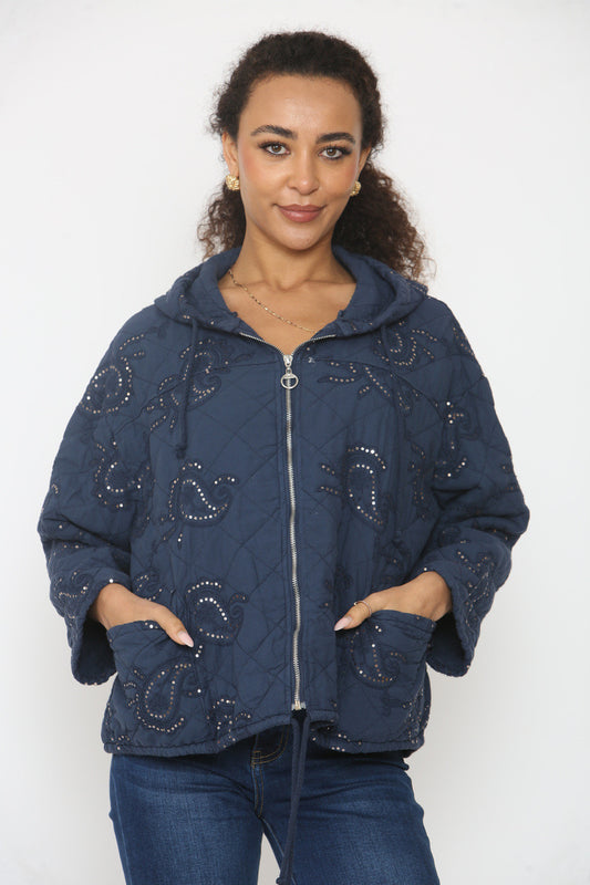 PAISLEY PRINT SEQUIN DETAIL QUILTED JACKET NAVY
