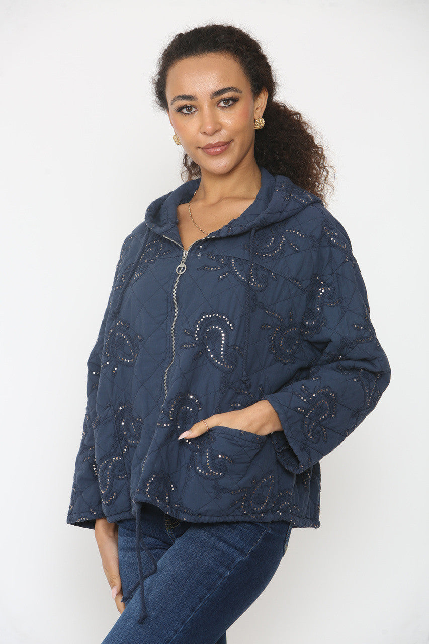 PAISLEY PRINT SEQUIN DETAIL QUILTED JACKET NAVY
