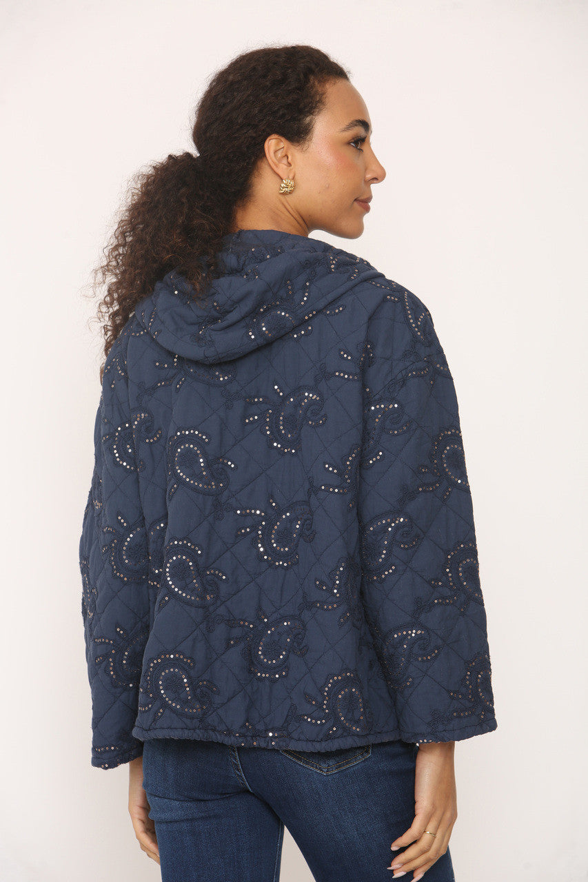 PAISLEY PRINT SEQUIN DETAIL QUILTED JACKET NAVY