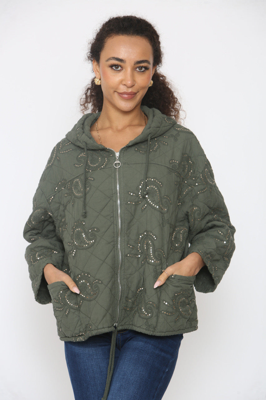 PAISLEY PRINT SEQUIN DETAIL QUILTED JACKET KHAKI
