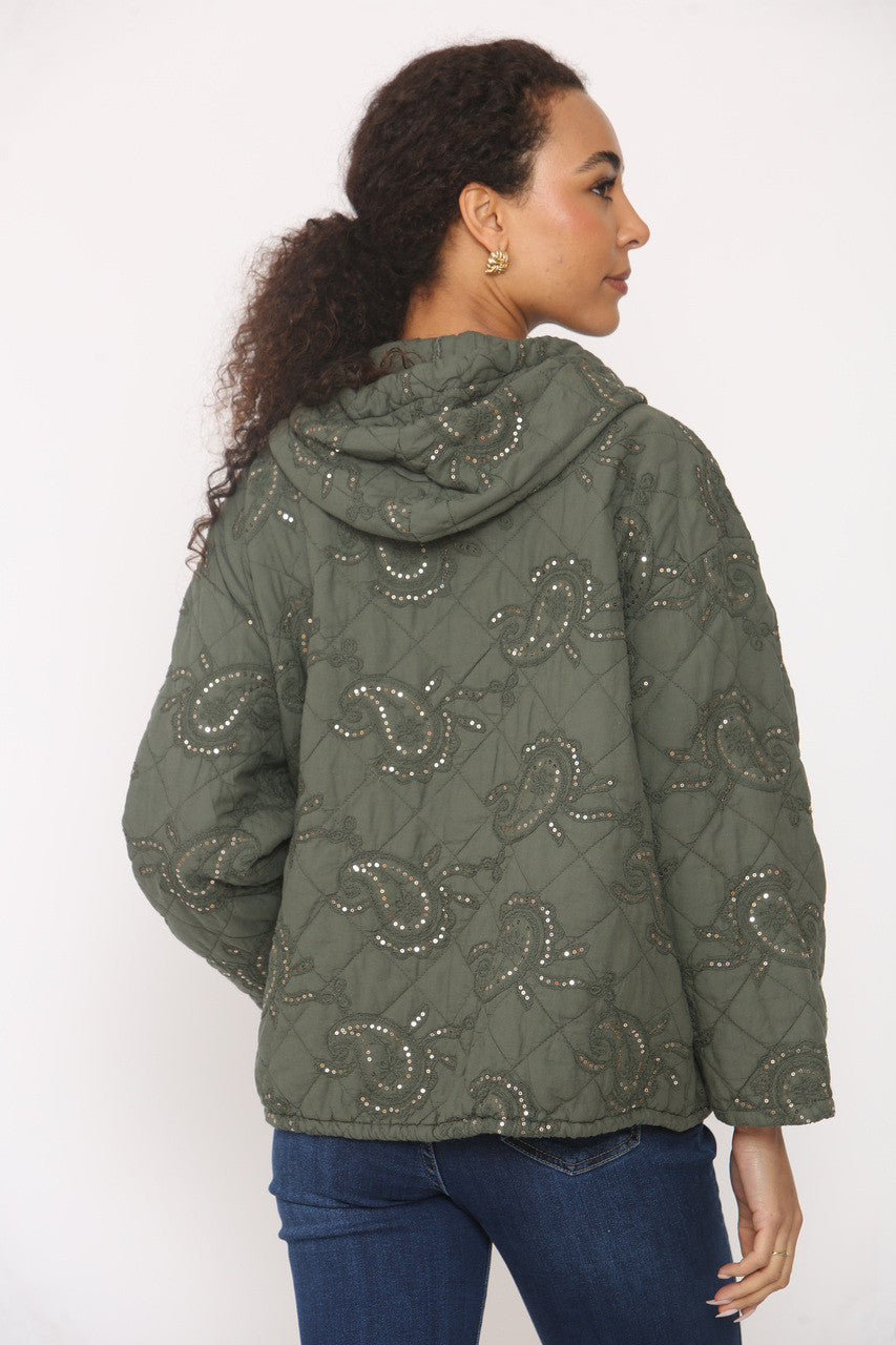 PAISLEY PRINT SEQUIN DETAIL QUILTED JACKET KHAKI