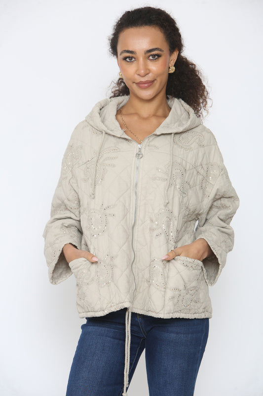 PAISLEY PRINT SEQUIN DETAIL QUILTED JACKET STONE