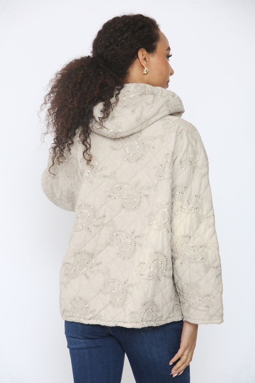 PAISLEY PRINT SEQUIN DETAIL QUILTED JACKET STONE