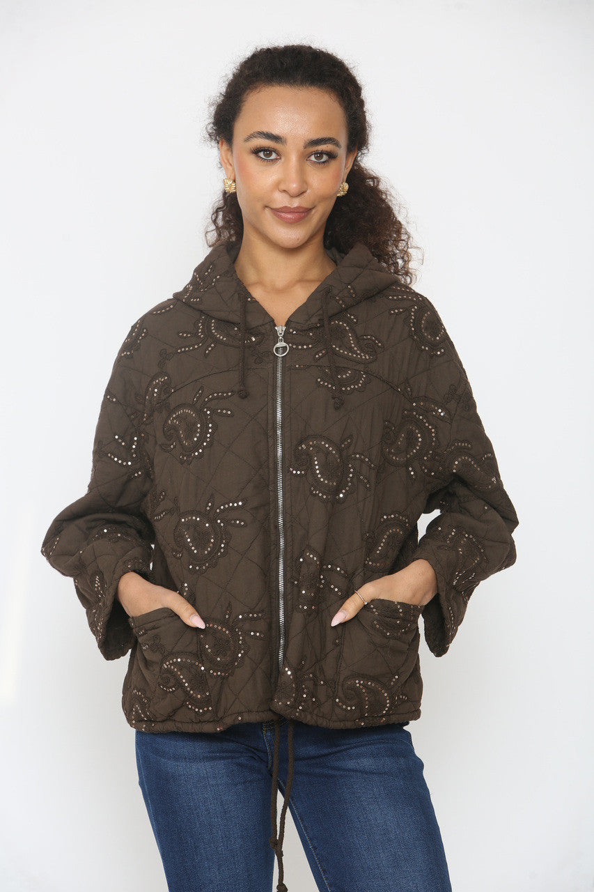 PAISLEY PRINT GEWATTEERDE JAS MET PAILLETTEN BRUIN